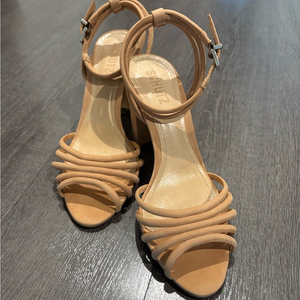 SCHUTZ Tan Stiletto Heels Strappy Sandals